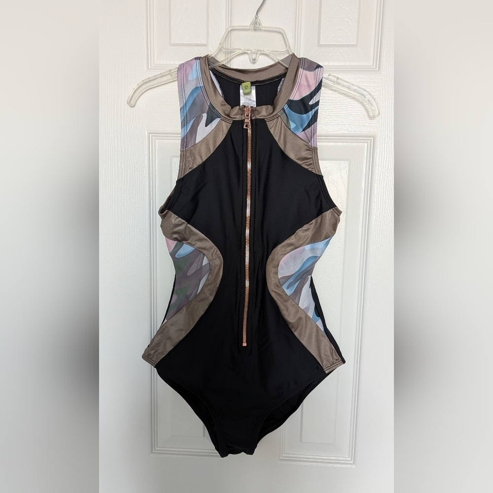 NWOT Next Womens (Medium) Front Zip Black & Metallic Racerback Bathing/Swim Suit
